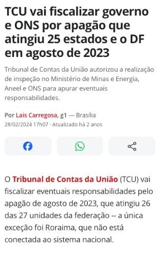 Apagão de agosto de 2023 — TCU fiscaliza governo e ONS por apagão que atingiu 25 estados e o DF