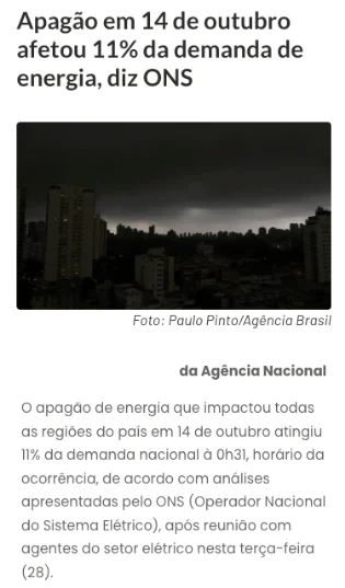 Apagão de outubro de 2025 — afetou 11% da demanda de energia em todo o país