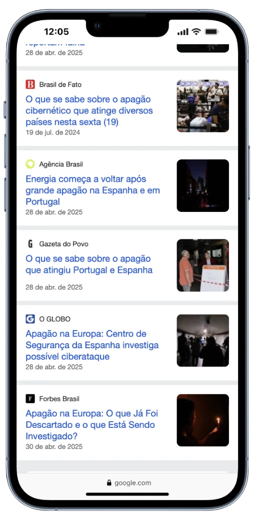 Notícias apagão Espanha e Portugal — Google