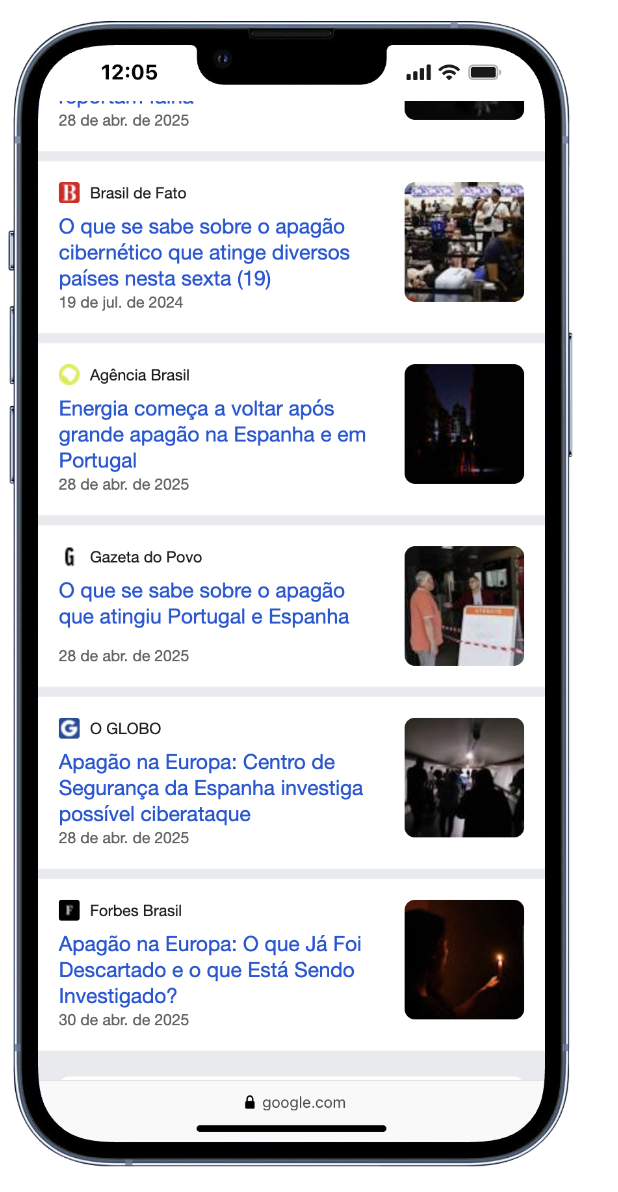 Notícias apagão Espanha e Portugal — Google